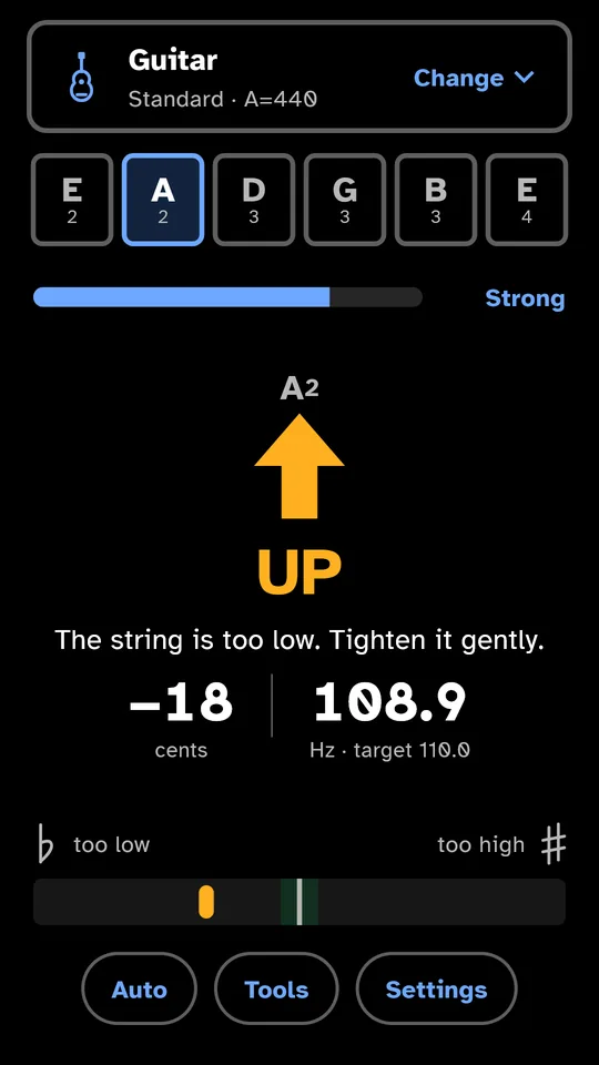 The tuner screen: A string too low, “UP”, −18 cents.
