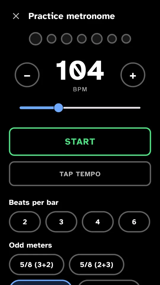 The practice metronome: 104 BPM, odd meters.