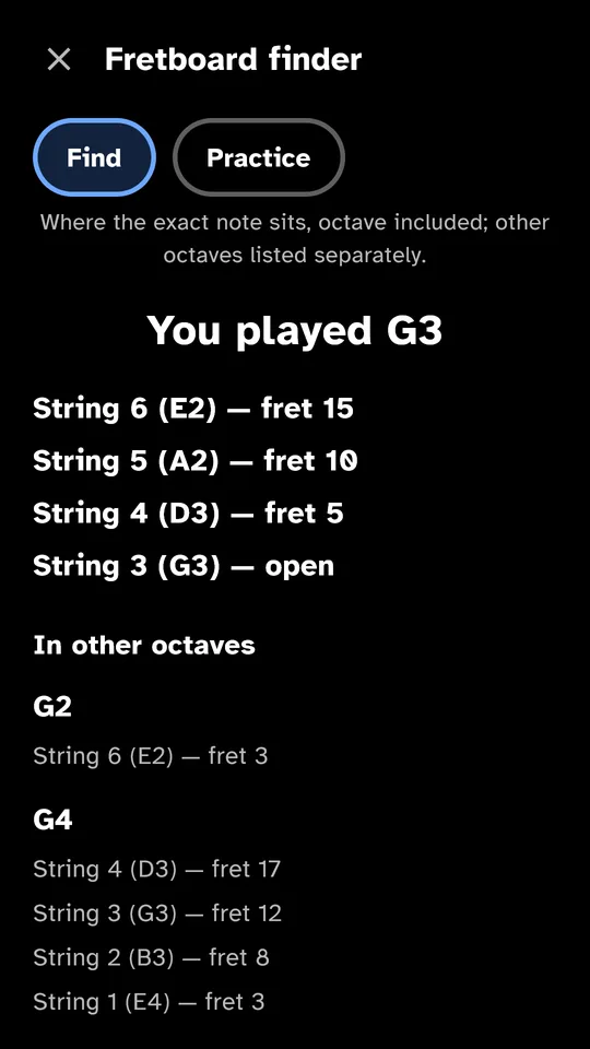 Fretboard finder: “You played G3” and where it sits on each string.