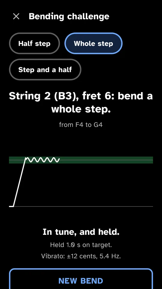 The bending challenge: the curve of a whole-tone bend, “In tune, and held.”